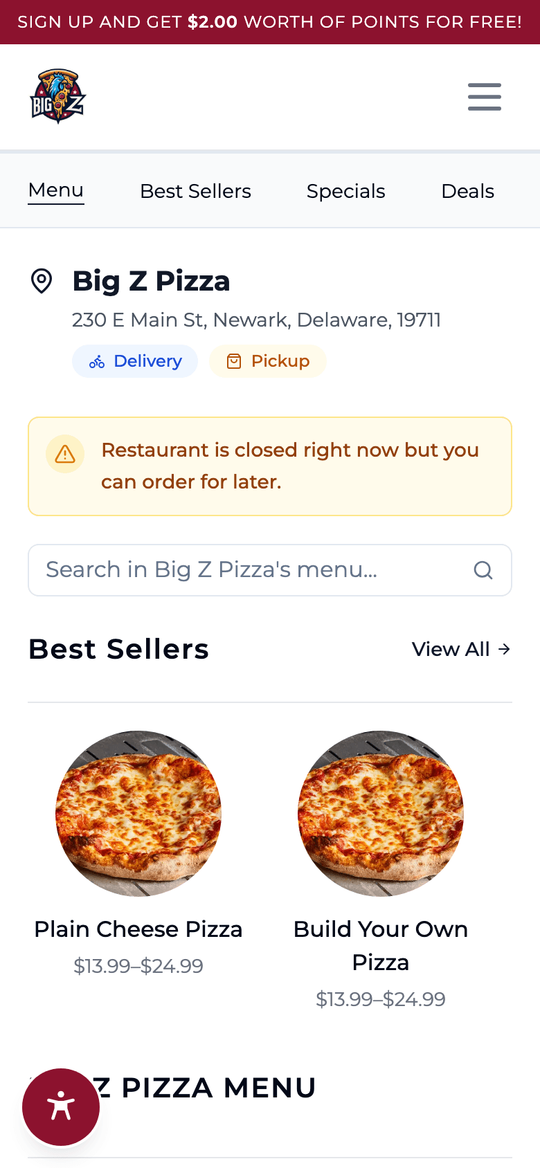 Actual Dinevate ordering screen for Big Z Pizza in an iPhone 16 frame