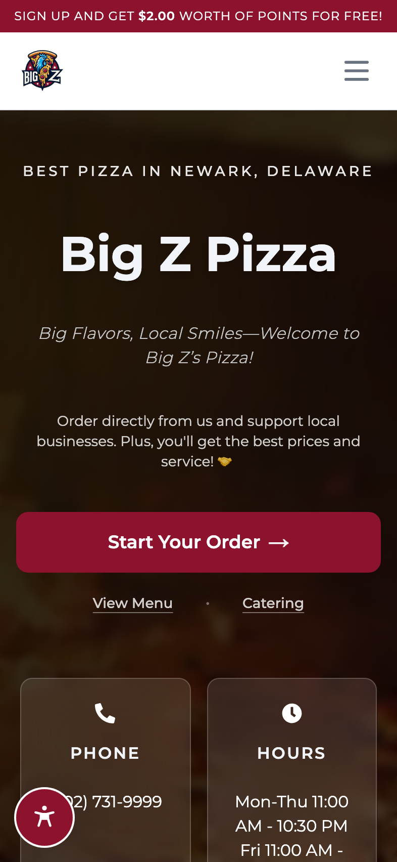 Big Z Pizza actual mobile website on an iPhone
