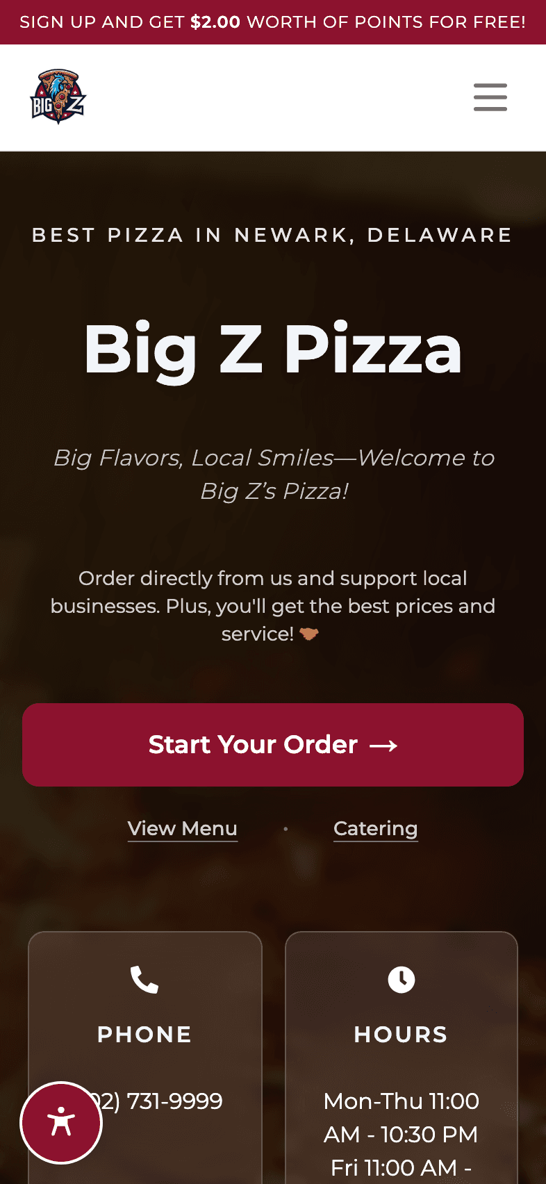 Big Z Pizza actual mobile website on an iPhone