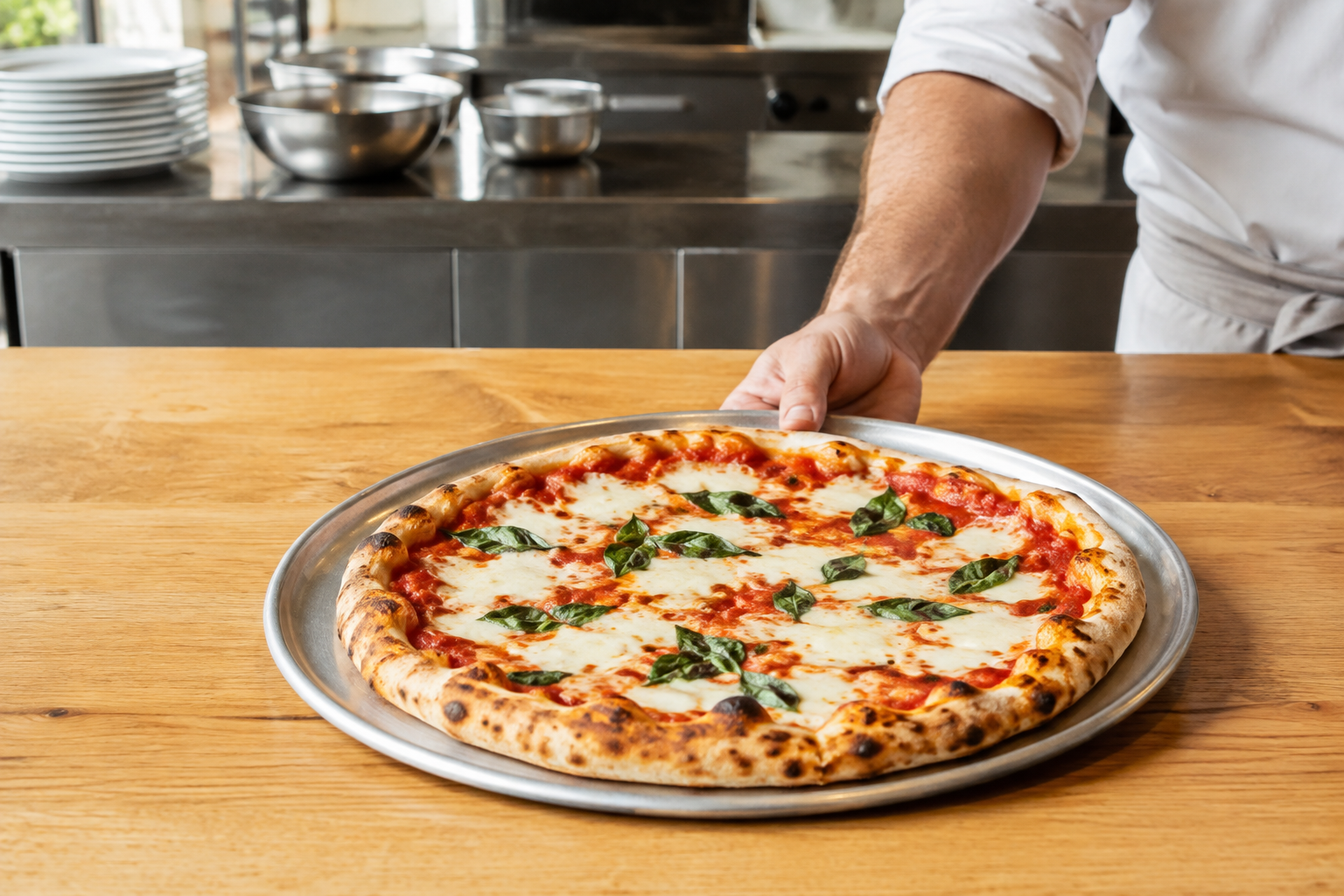 Illustrative pizzeria scene: a freshly baked pizza being placed on a pickup counter