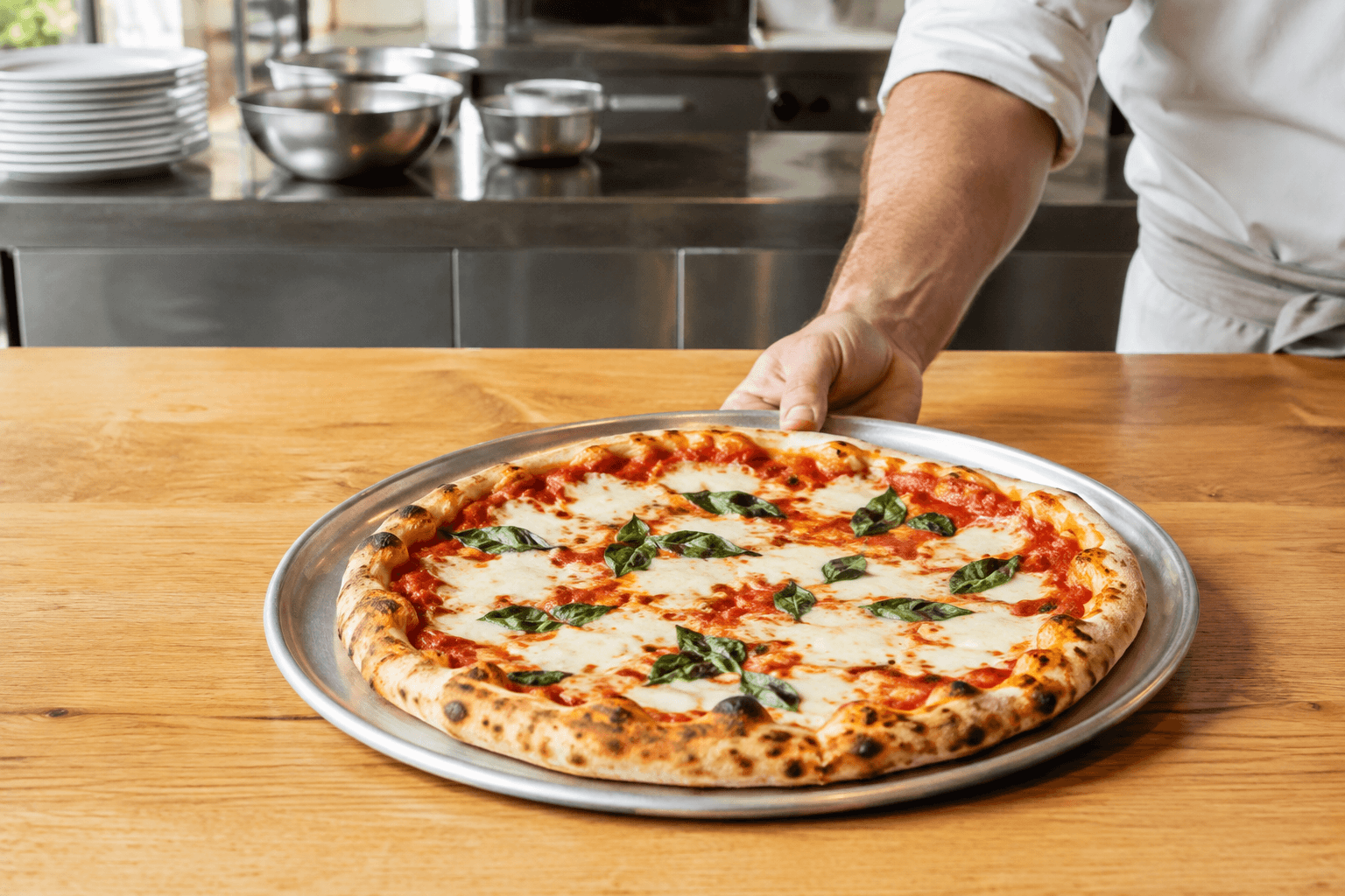 Illustrative pizzeria scene: a freshly baked pizza being placed on a pickup counter
