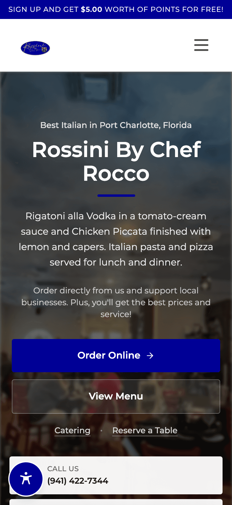 Rossini By Chef Rocco actual mobile website on an iPhone