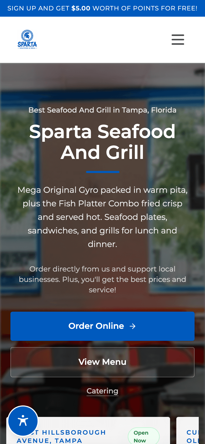 Sparta Seafood And Grill actual mobile website on an iPhone