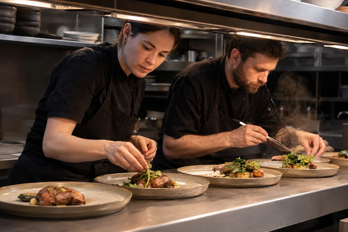 Chefs preparing plates at a busy restaurant kitchen pass