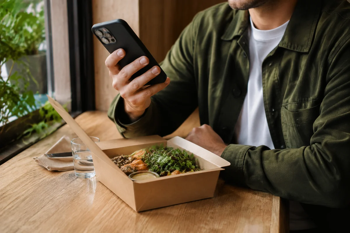 A restaurant guest using a phone beside a takeaway meal