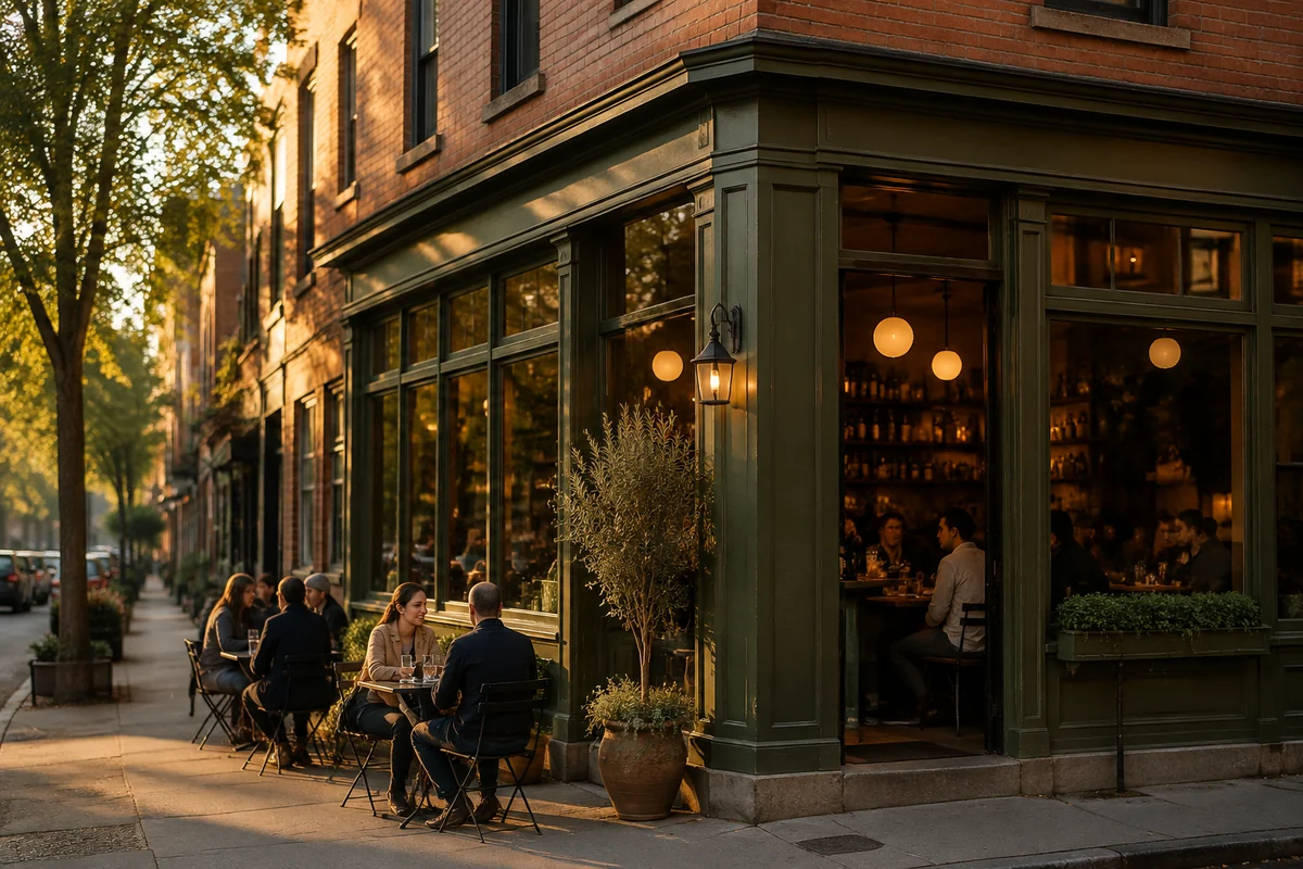 An inviting corner restaurant in a walkable neighborhood at golden hour