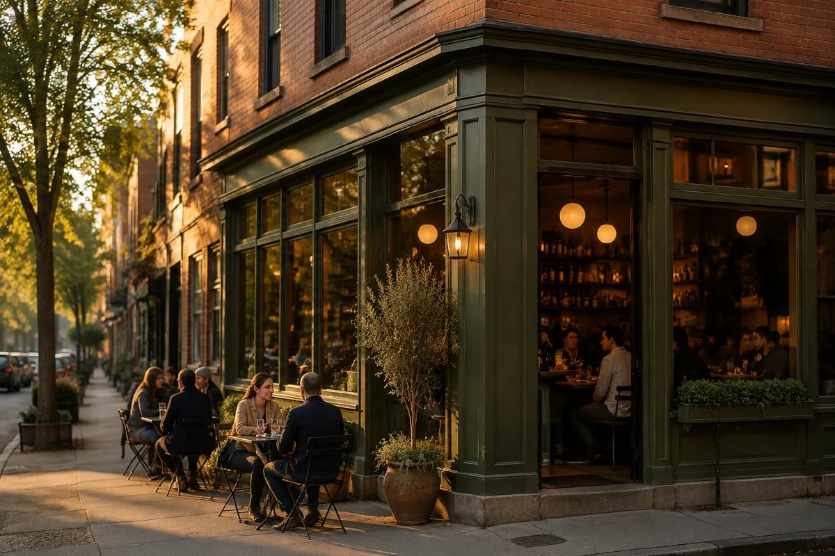 An inviting corner restaurant in a walkable neighborhood at golden hour
