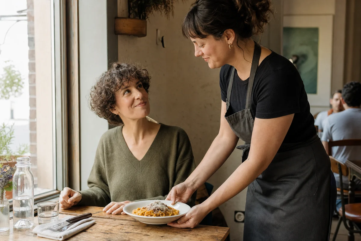 A server setting a regular guest’s favorite pasta dish on a restaurant window table