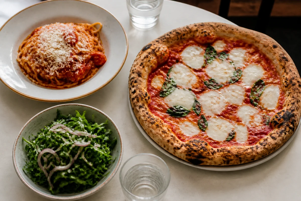 Pizza, pasta and fresh salad arranged on a restaurant table