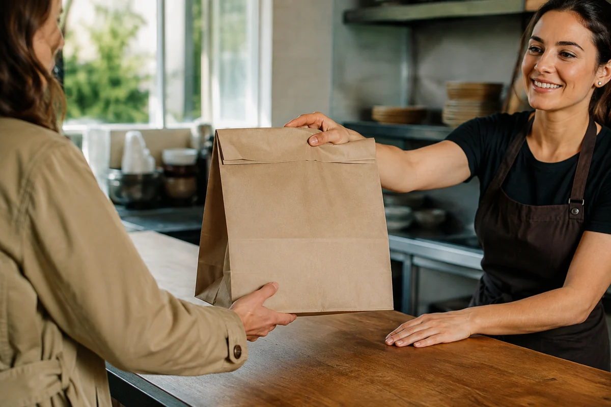 Restaurant staff handing a takeaway bag to a guest at the counter