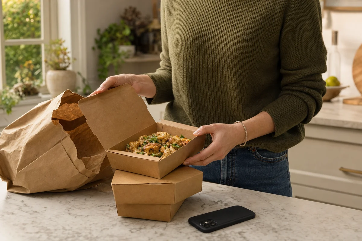 A guest unpacking a familiar takeaway order at a home kitchen counter