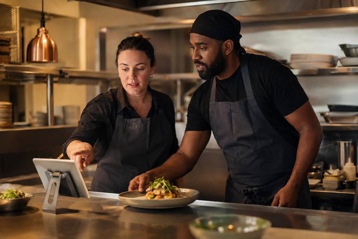 Two restaurant staff coordinating orders at the kitchen pass