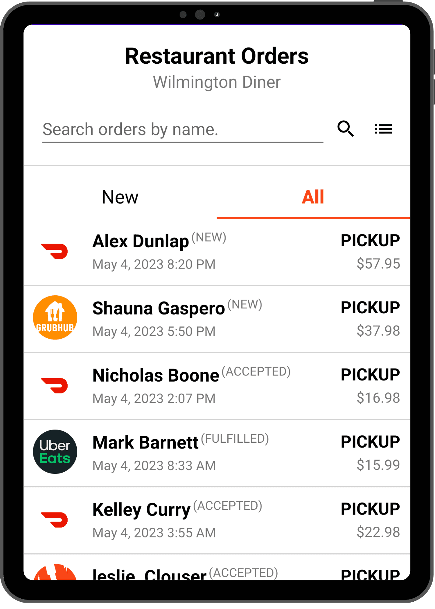 Dinevate Order Manager app showing orders from different food order apps like Dinevate, Doordash, Grubhub and UberEats. They users are able to see the orders from different providers on the same tablet.